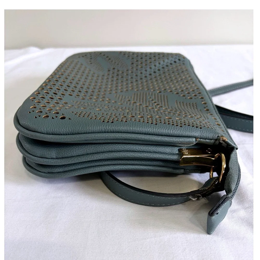 Seven Days Laser Cut Vegan Crossbody Purse 10x7 Minimalist Grey Blue Modern Chic